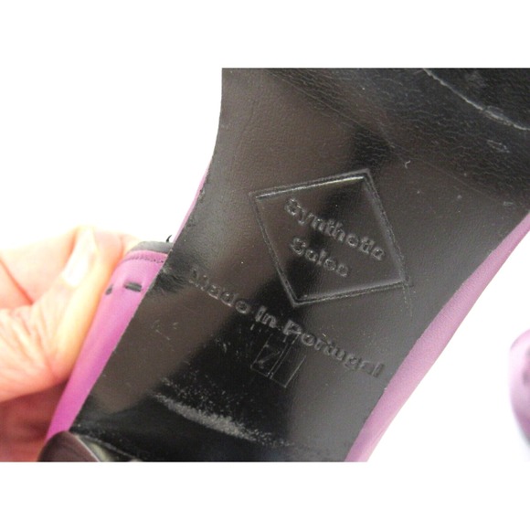 John Fluevog Hepburn Purple Leather Black Stitching Pumps Heels Open Toe - Picture 8 of 13